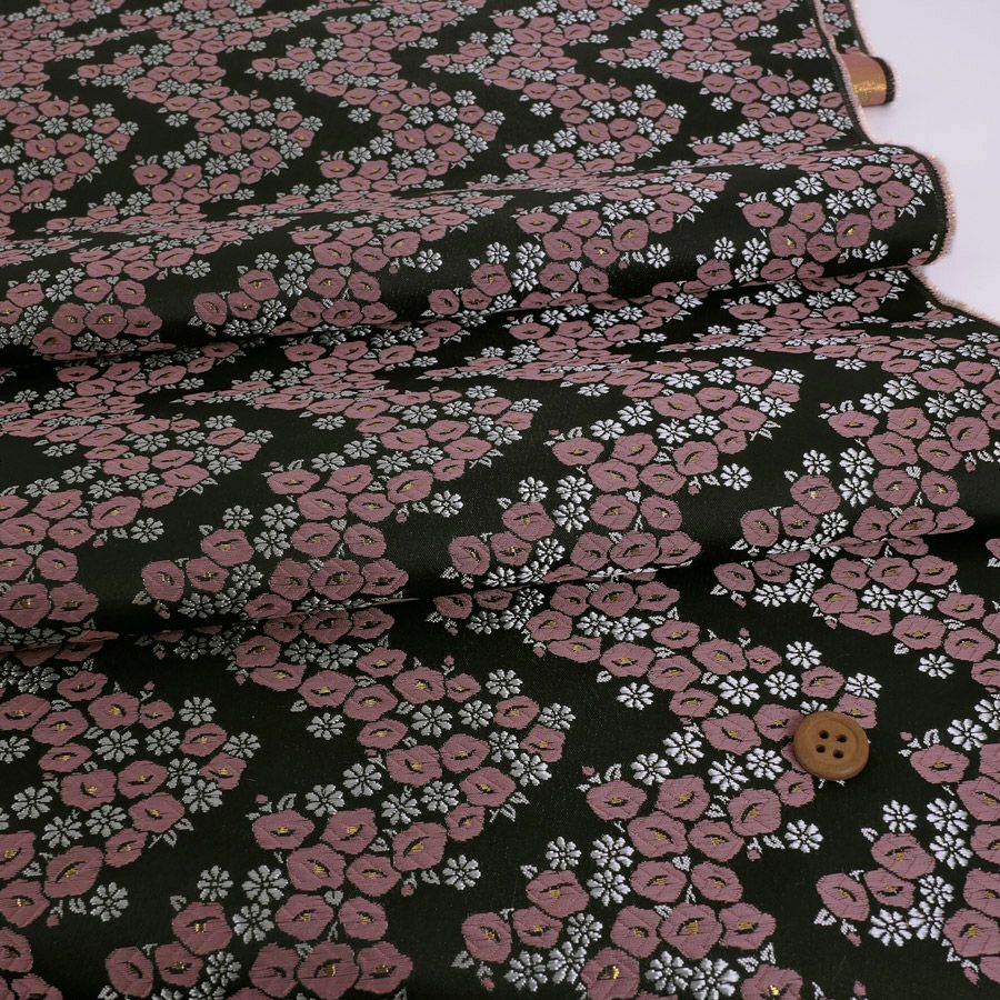 金襴生地(金らん) 椿波(黒/ピンク) 10cm単位 切り売り 京都西陣織物 モダンなつばき柄きんらん 和柄布 和風 帯や小物に