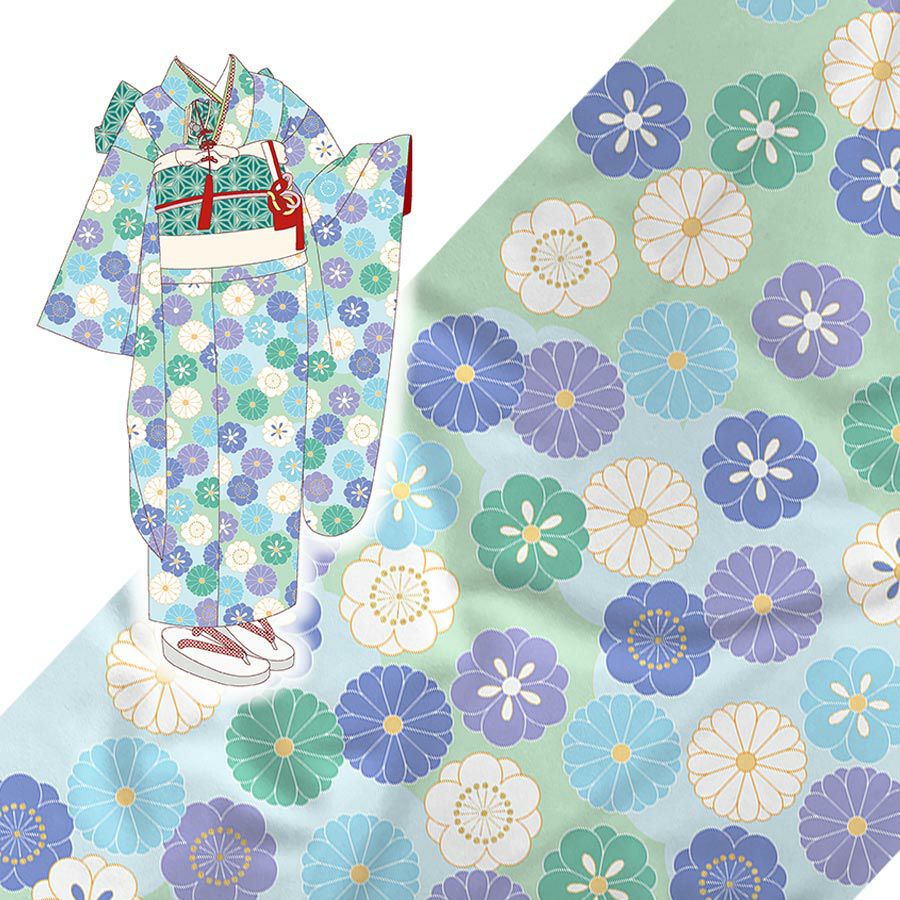 着物用洗える生地 菊梅並べ(ブルーグリーン) 1反売り(約12m) 七五三晴れ着生地 子ども着物反物 女の子可愛い和柄布地 花柄