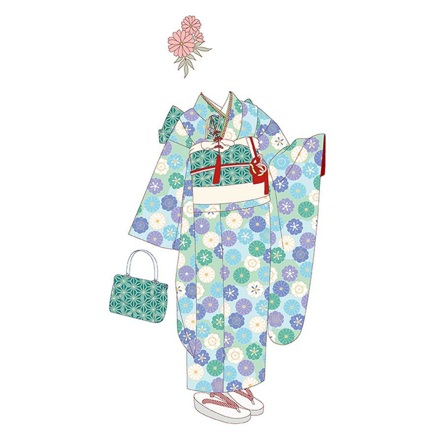 着物用洗える生地 菊梅並べ(ブルーグリーン) 1反売り(約12m) 七五三晴れ着生地 子ども着物反物 女の子可愛い和柄布地 花柄