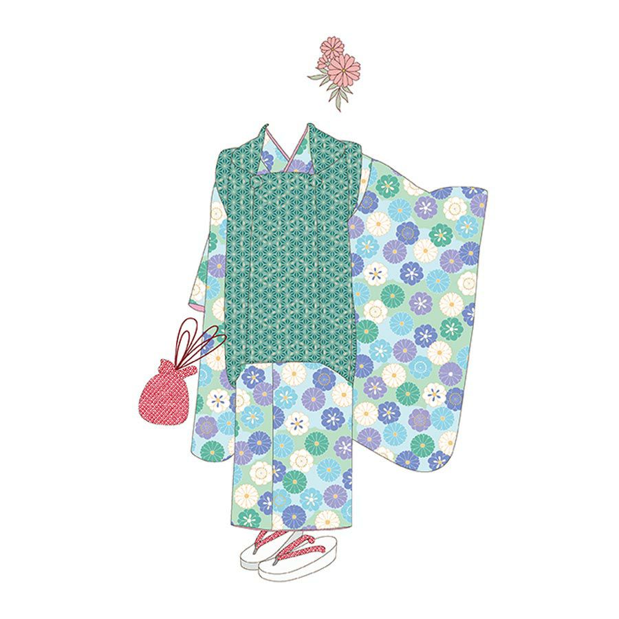 着物用洗える生地 菊梅並べ(ブルーグリーン) 1反売り(約12m) 七五三晴れ着生地 子ども着物反物 女の子可愛い和柄布地 花柄