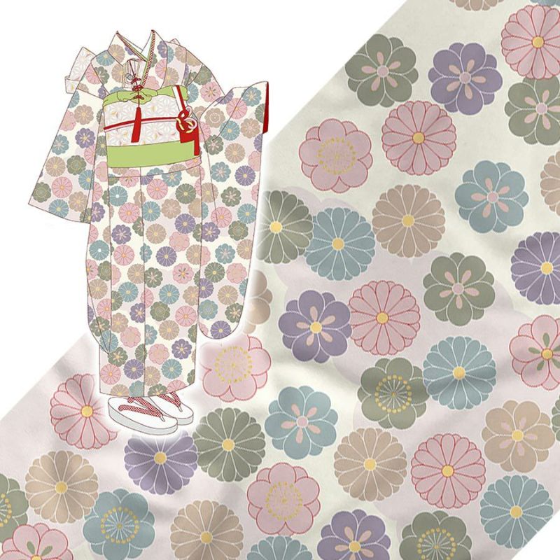 着物用洗える生地 菊梅並べ(くすみカラー) 1反売り(約12m) 七五三晴れ着生地 子ども着物反物 女の子可愛い和柄布地 花柄