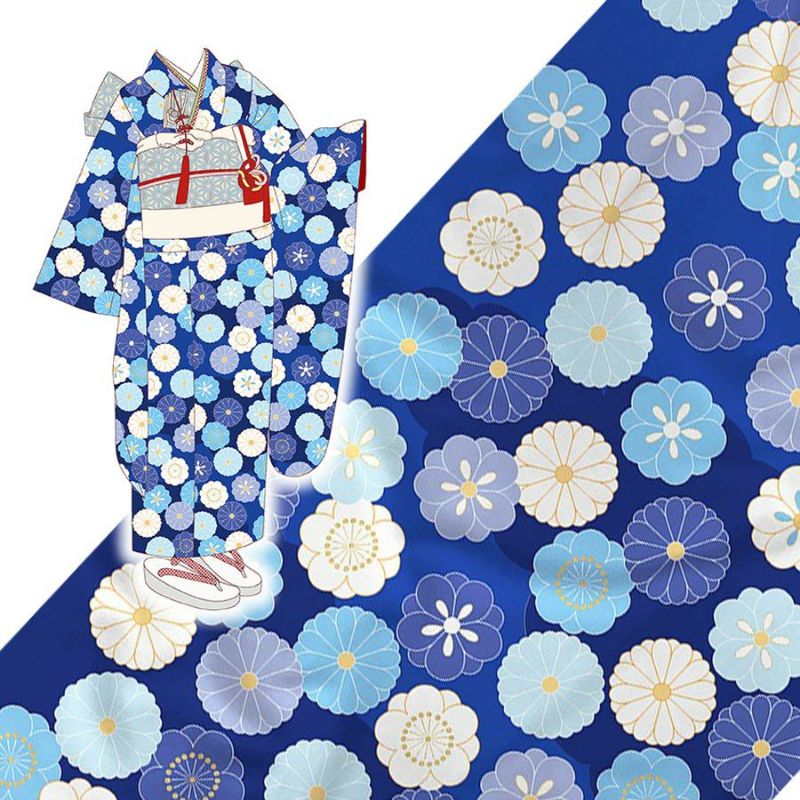 着物用洗える生地 菊梅並べ(青系) 1反売り(約12m) 七五三晴れ着生地 子ども着物反物 女の子可愛い和柄布 花柄紺色