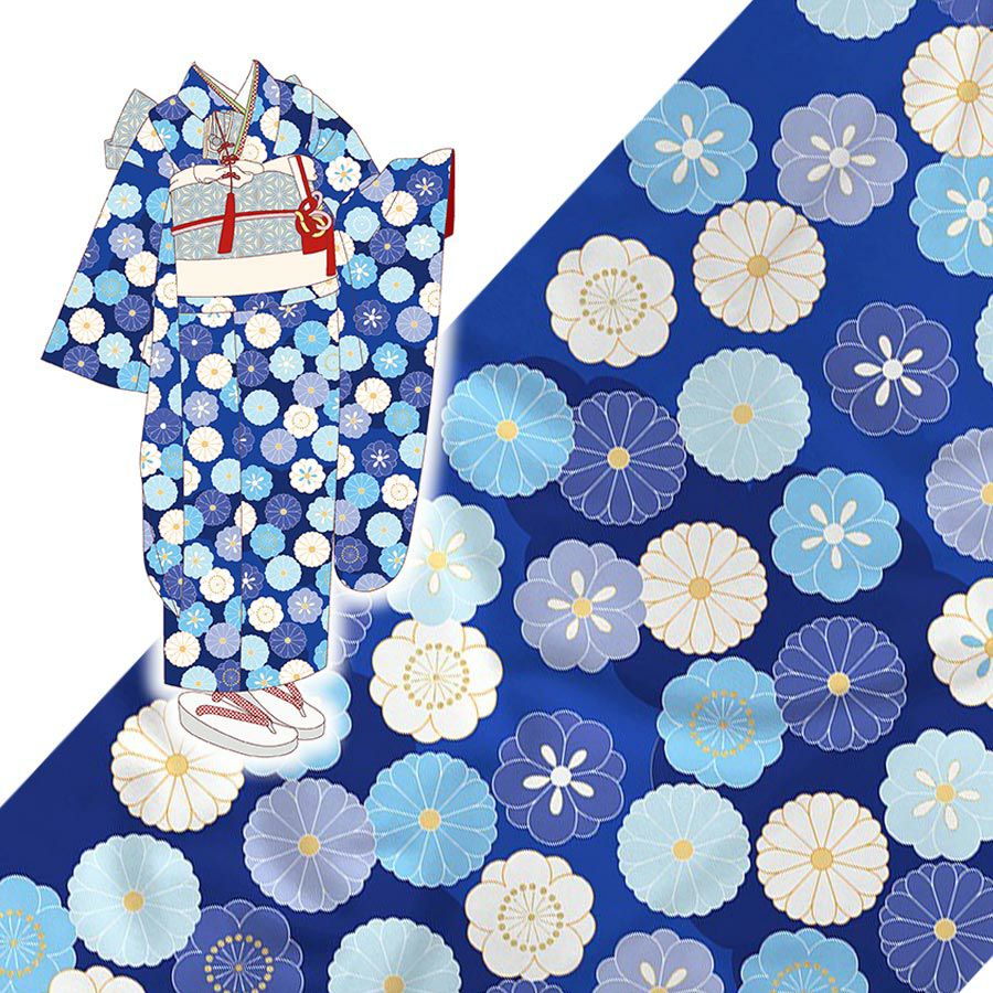 着物用洗える生地 菊梅並べ(青系) 1反売り(約12m) 七五三晴れ着生地 子ども着物反物 女の子可愛い和柄布 花柄紺色