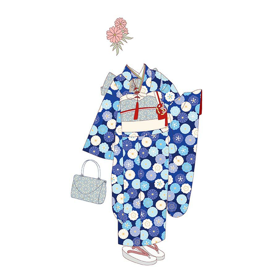 着物用洗える生地 菊梅並べ(青系) 1反売り(約12m) 七五三晴れ着生地 子ども着物反物 女の子可愛い和柄布 花柄紺色