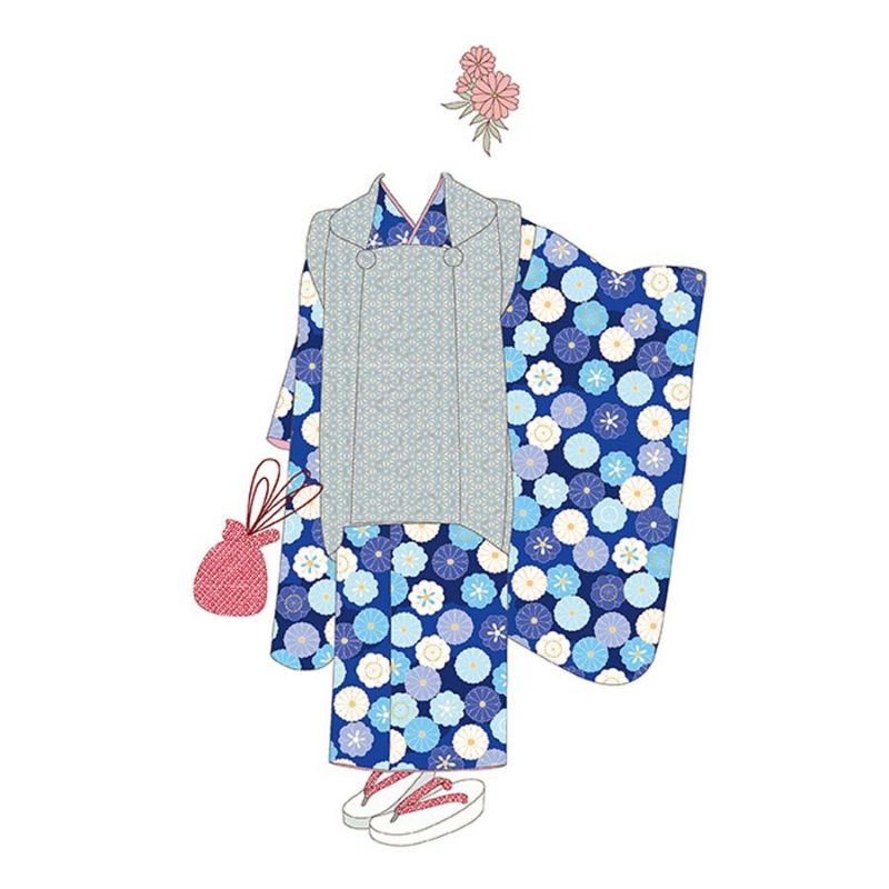 着物用洗える生地 菊梅並べ(青系) 1反売り(約12m) 七五三晴れ着生地 子ども着物反物 女の子可愛い和柄布 花柄紺色