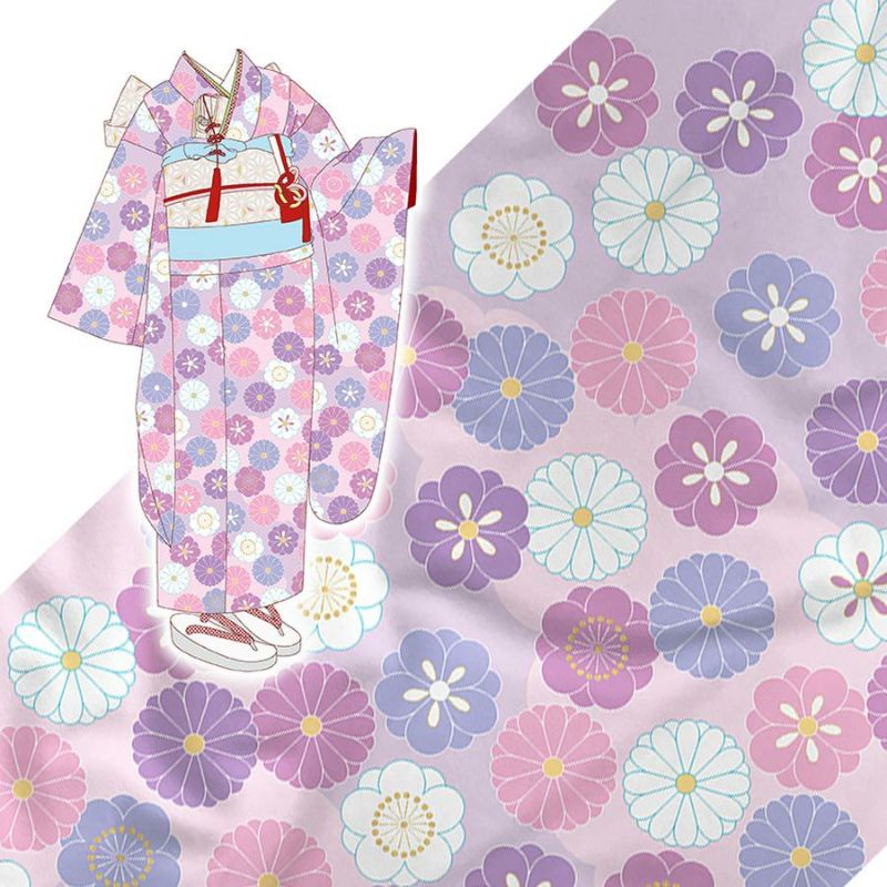 着物用洗える生地 菊梅並べ(ピンク) 1反売り(約12m) 七五三晴れ着生地 子ども着物反物 女の子可愛い和風花柄布地