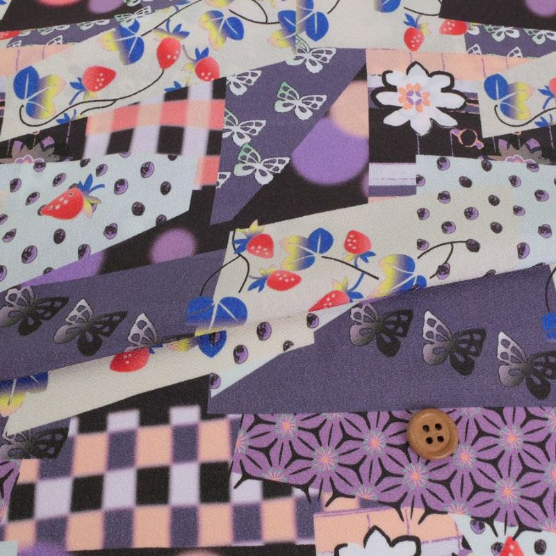 ポリちりめん生地 ガーデンパーティー(紫/黒) 10cm単位 切り売り ポリ縮緬 洗えるちりめん かわいい和モダン柄 ポップな和柄