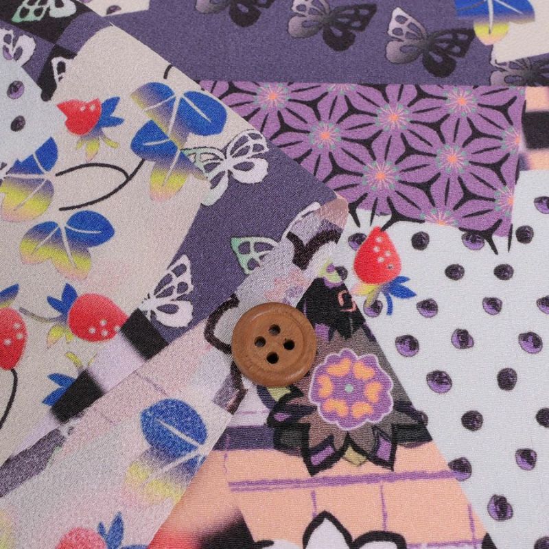 ポリちりめん生地 ガーデンパーティー(紫/黒) 10cm単位 切り売り ポリ縮緬 洗えるちりめん かわいい和モダン柄 ポップな和柄