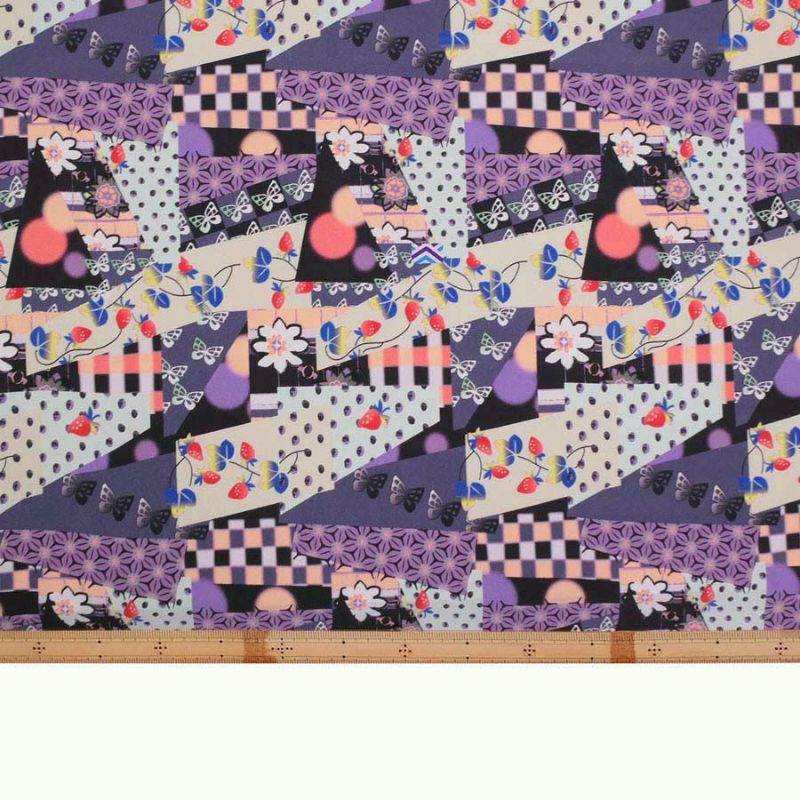 ポリちりめん生地 ガーデンパーティー(紫/黒) 10cm単位 切り売り ポリ縮緬 洗えるちりめん かわいい和モダン柄 ポップな和柄