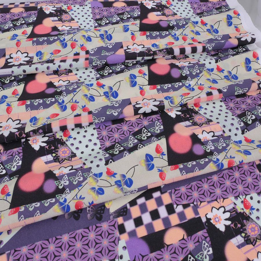 ポリちりめん生地 ガーデンパーティー(紫/黒) 10cm単位 切り売り ポリ縮緬 洗えるちりめん かわいい和モダン柄 ポップな和柄
