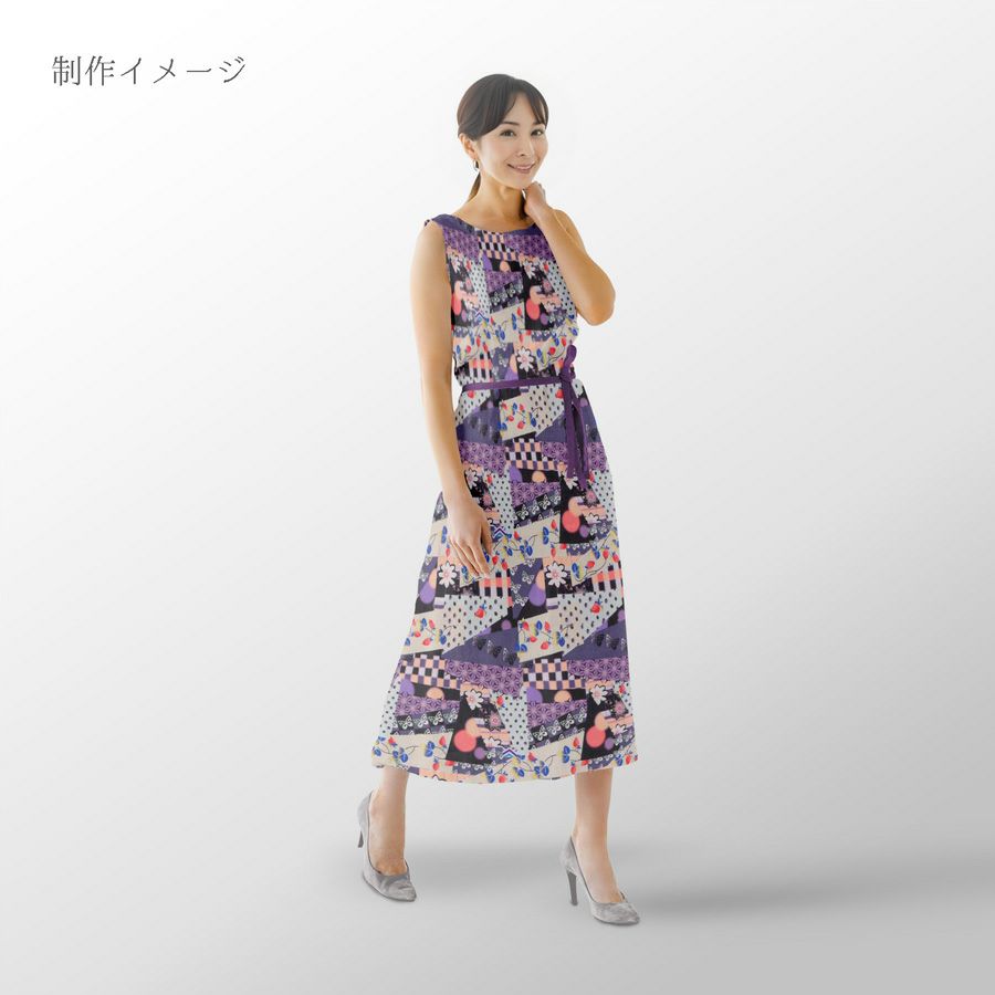 ポリちりめん生地 ガーデンパーティー(紫/黒) 10cm単位 切り売り ポリ縮緬 洗えるちりめん かわいい和モダン柄 ポップな和柄