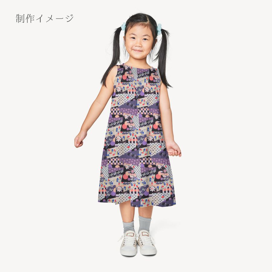 ポリちりめん生地 ガーデンパーティー(紫/黒) 10cm単位 切り売り ポリ縮緬 洗えるちりめん かわいい和モダン柄 ポップな和柄