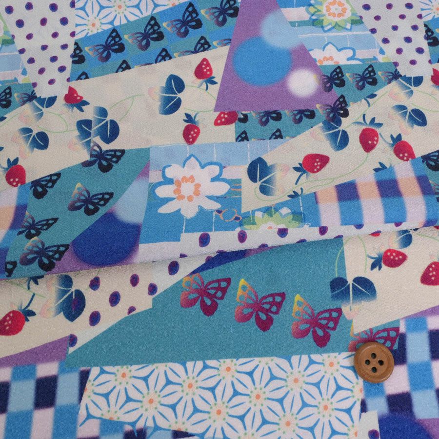 ポリちりめん生地 ガーデンパーティー(青) 10cm単位 切り売り カラフルな和モダン柄縮緬チリメン 衣装向きハンドメイド用