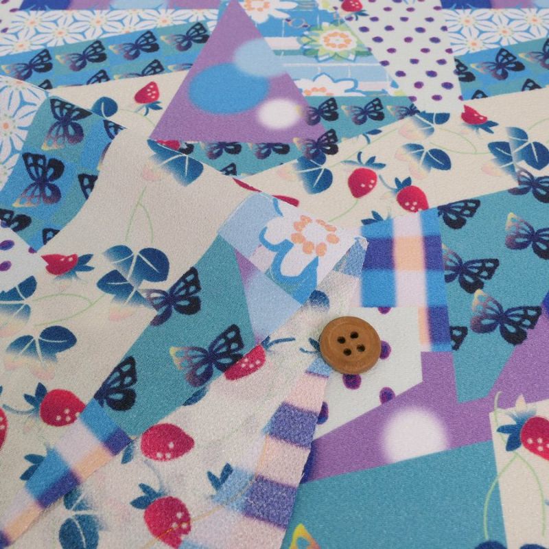 ポリちりめん生地 ガーデンパーティー(青) 10cm単位 切り売り カラフルな和モダン柄縮緬チリメン 衣装向きハンドメイド用