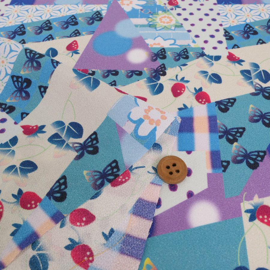 ポリちりめん生地 ガーデンパーティー(青) 10cm単位 切り売り カラフルな和モダン柄縮緬チリメン 衣装向きハンドメイド用