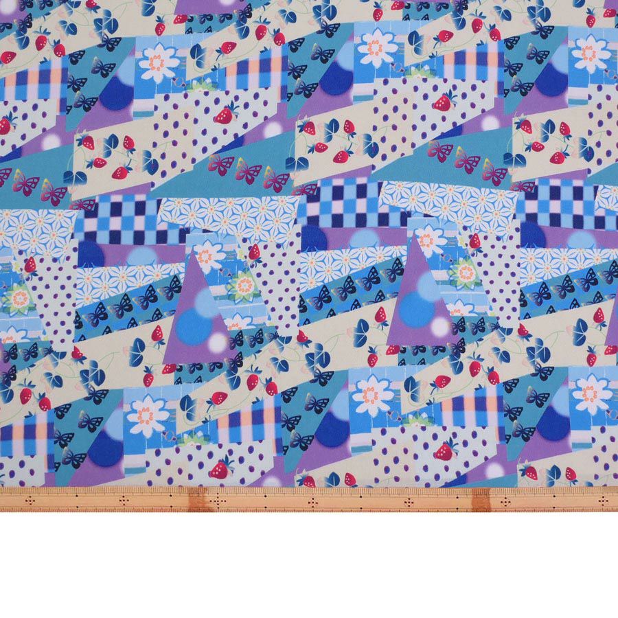 ポリちりめん生地 ガーデンパーティー(青) 10cm単位 切り売り カラフルな和モダン柄縮緬チリメン 衣装向きハンドメイド用