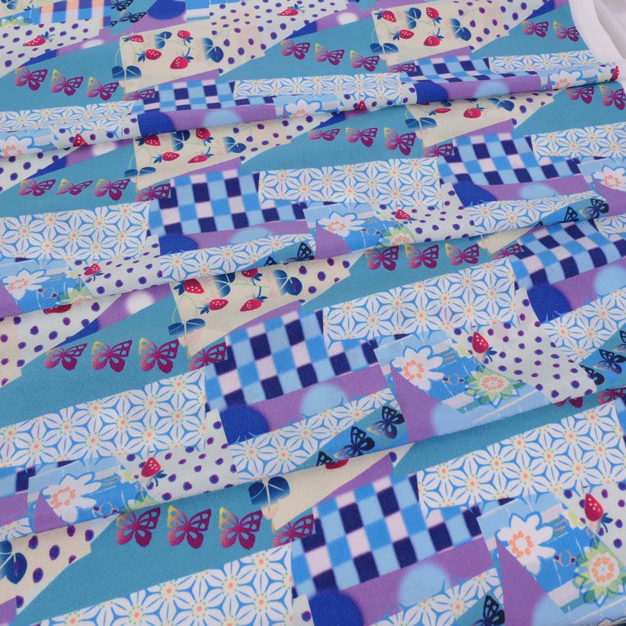 ポリちりめん生地 ガーデンパーティー(青) 10cm単位 切り売り カラフルな和モダン柄縮緬チリメン 衣装向きハンドメイド用