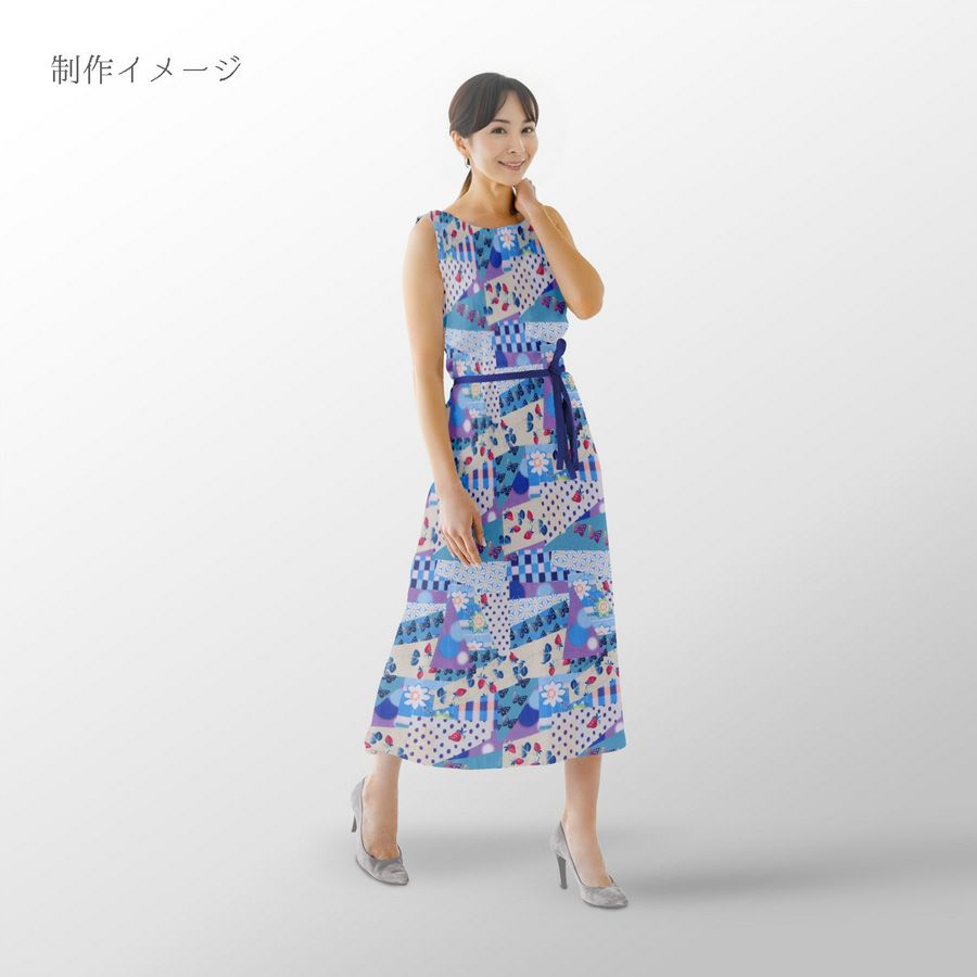 ポリちりめん生地 ガーデンパーティー(青) 10cm単位 切り売り カラフルな和モダン柄縮緬チリメン 衣装向きハンドメイド用