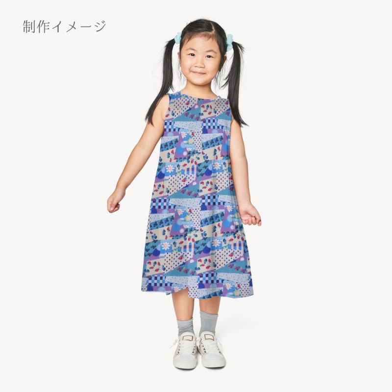 ポリちりめん生地 ガーデンパーティー(青) 10cm単位 切り売り カラフルな和モダン柄縮緬チリメン 衣装向きハンドメイド用