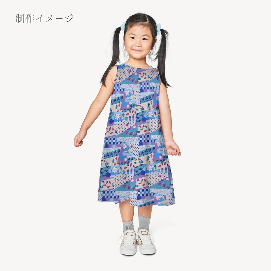 ポリちりめん生地 ガーデンパーティー(青) 10cm単位 切り売り カラフルな和モダン柄縮緬チリメン 衣装向きハンドメイド用