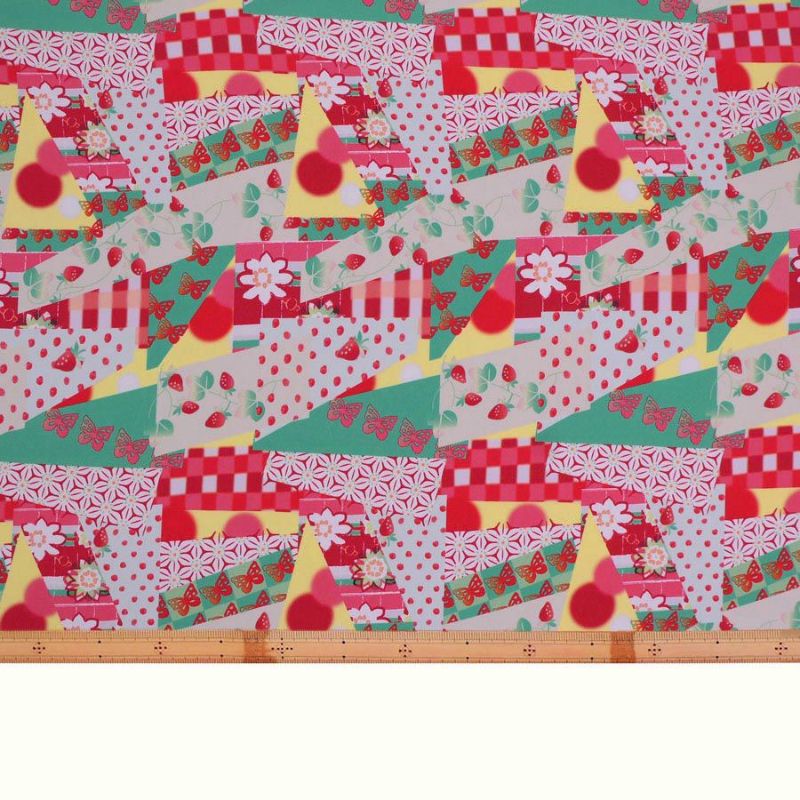 ポリちりめん生地 ガーデンパーティー(赤/緑) 10cm単位 切り売り ポリ縮緬 ポリエステルチリメン 和モダン エコバッグ ワンピース