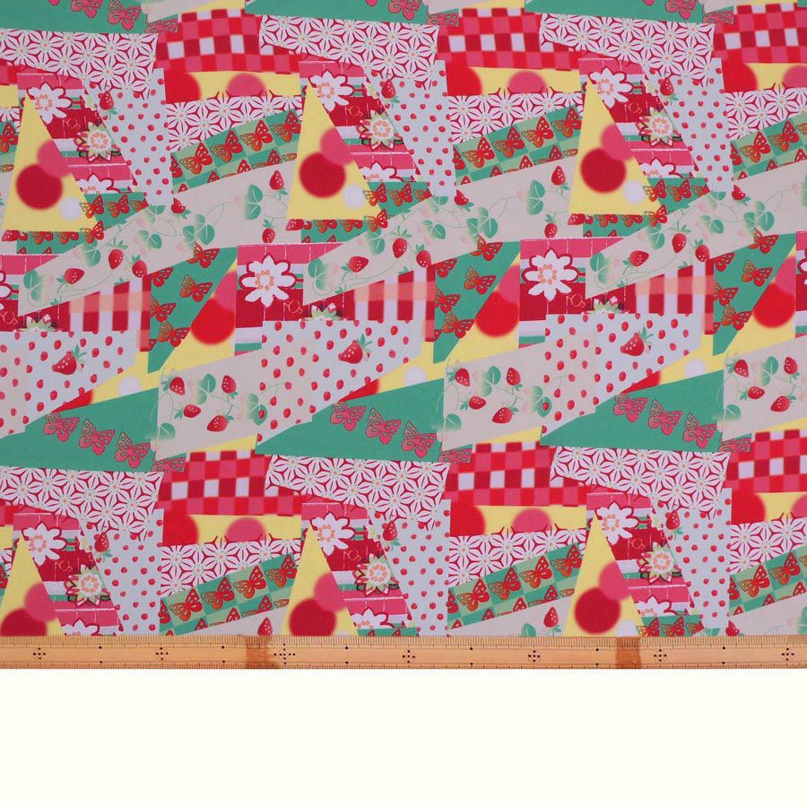 ポリちりめん生地 ガーデンパーティー(赤/緑) 10cm単位 切り売り ポリ縮緬 ポリエステルチリメン 和モダン エコバッグ ワンピース