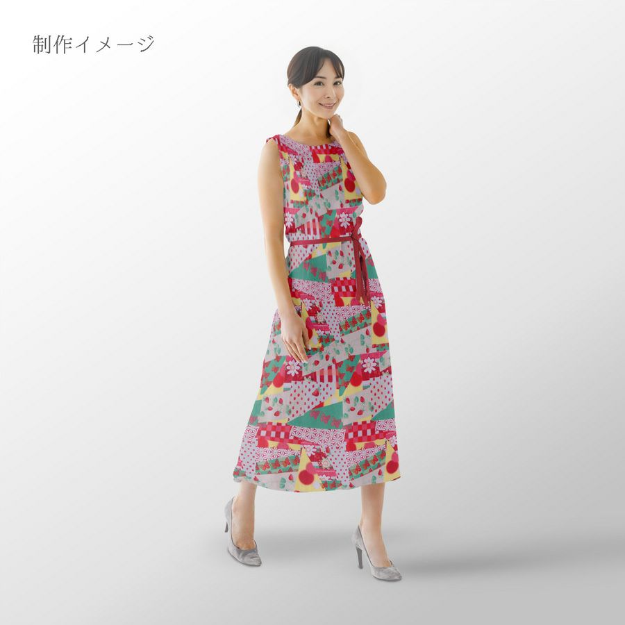 ポリちりめん生地 ガーデンパーティー(赤/緑) 10cm単位 切り売り ポリ縮緬 ポリエステルチリメン 和モダン エコバッグ ワンピース