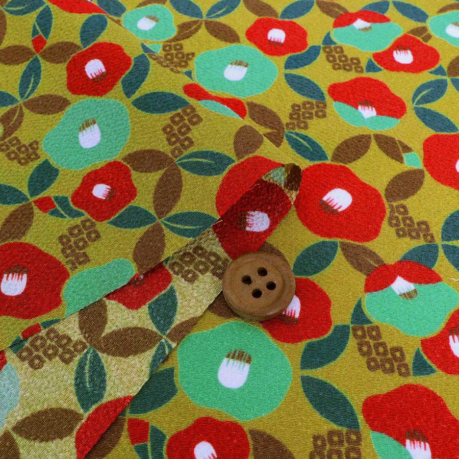 ポリちりめん生地 椿七宝(からし色) 10cm単位 切り売り 和の小物・洋服に 水洗い可能なポリエステル しっぽう つばき