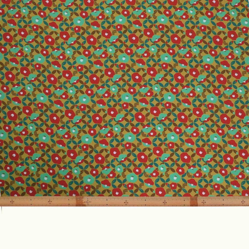 ポリちりめん生地 椿七宝(からし色) 10cm単位 切り売り 和の小物・洋服に 水洗い可能なポリエステル しっぽう つばき