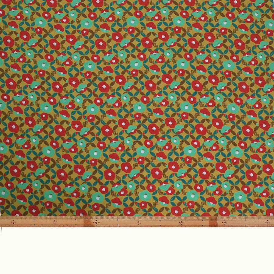 ポリちりめん生地 椿七宝(からし色) 10cm単位 切り売り 和の小物・洋服に 水洗い可能なポリエステル しっぽう つばき