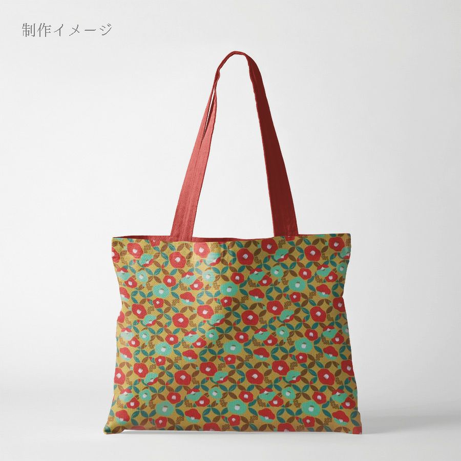 ポリちりめん生地 椿七宝(からし色) 10cm単位 切り売り 和の小物・洋服に 水洗い可能なポリエステル しっぽう つばき