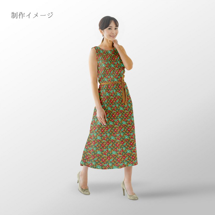 ポリちりめん生地 椿七宝(からし色) 10cm単位 切り売り 和の小物・洋服に 水洗い可能なポリエステル しっぽう つばき