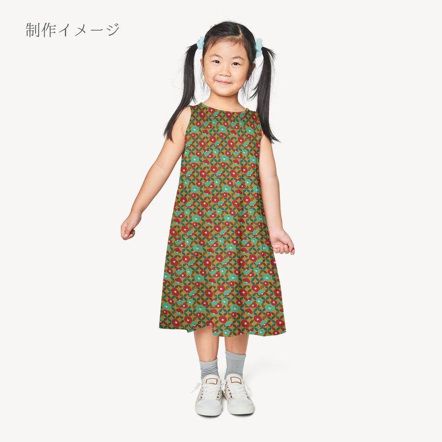 ポリちりめん生地 椿七宝(からし色) 10cm単位 切り売り 和の小物・洋服に 水洗い可能なポリエステル しっぽう つばき