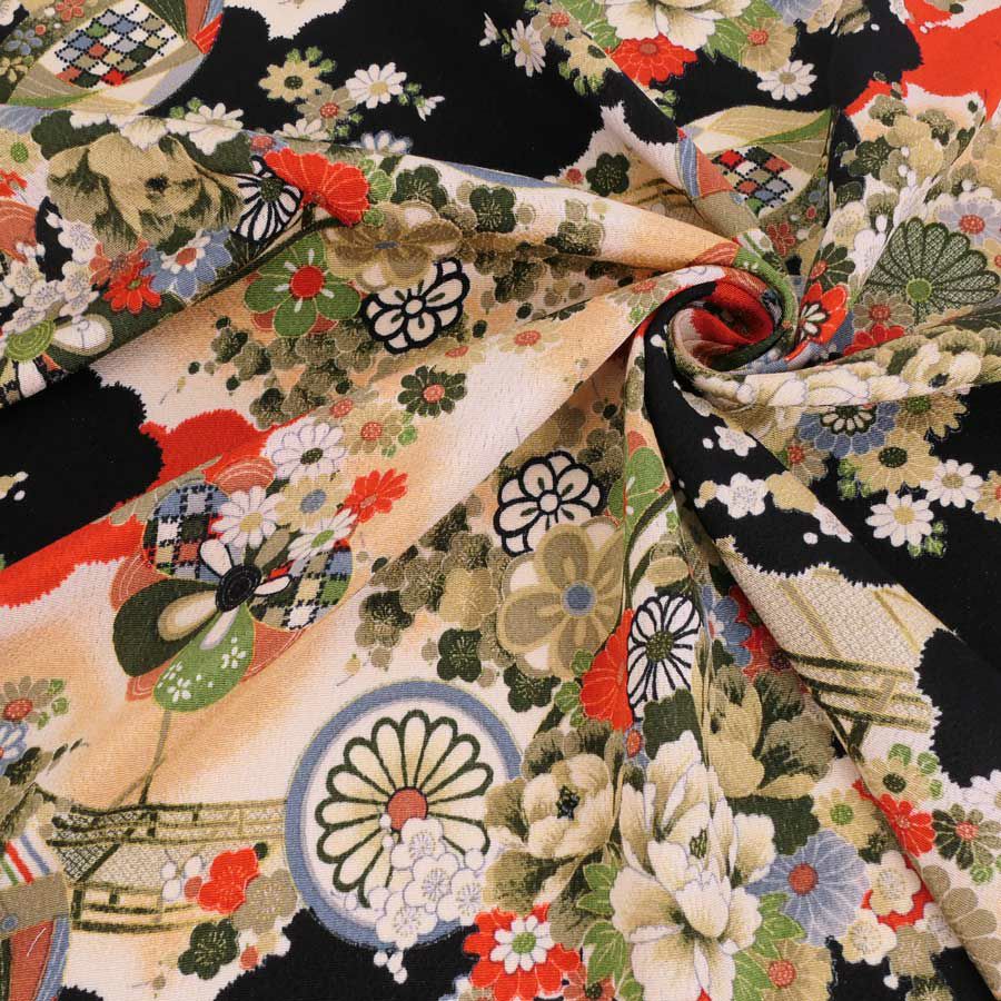 古布再現ちりめん生地 水辺の花景色(黒) 10cm単位 切り売り ビンテージ感ただよう手染めレーヨン縮緬/チリメン 七五三着物柄