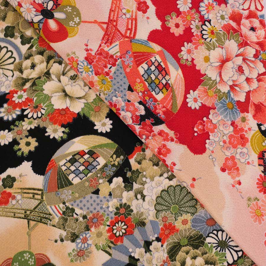 古布再現ちりめん生地 水辺の花景色(黒) 10cm単位 切り売り ビンテージ感ただよう手染めレーヨン縮緬/チリメン 七五三着物柄