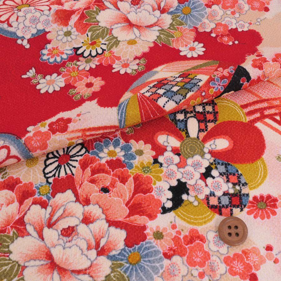 古布再現ちりめん生地 水辺の花景色(赤) 10cm単位 切り売り ビンテージ感ただよう手染めレーヨン縮緬/チリメン 七五三着物柄