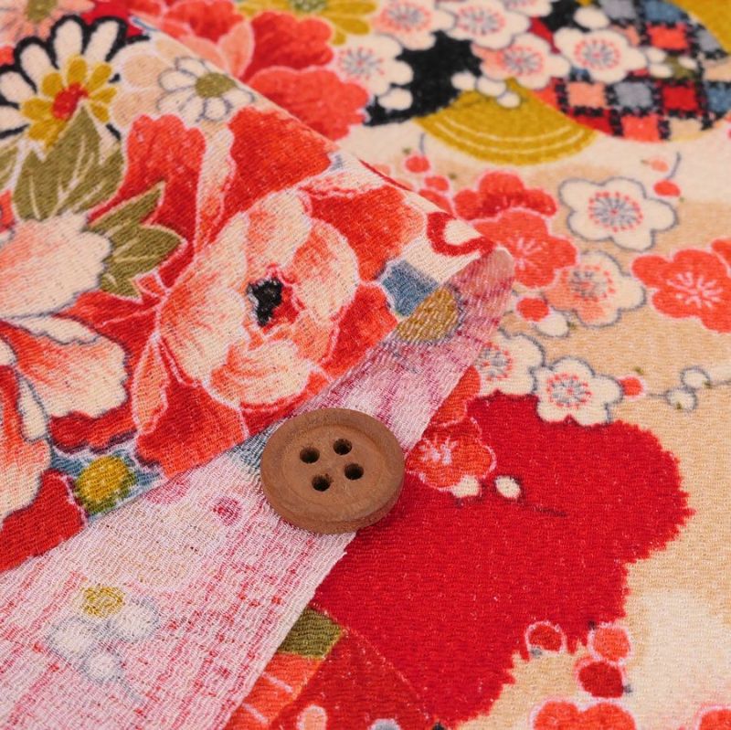古布再現ちりめん生地 水辺の花景色(赤) 10cm単位 切り売り ビンテージ感ただよう手染めレーヨン縮緬/チリメン 七五三着物柄