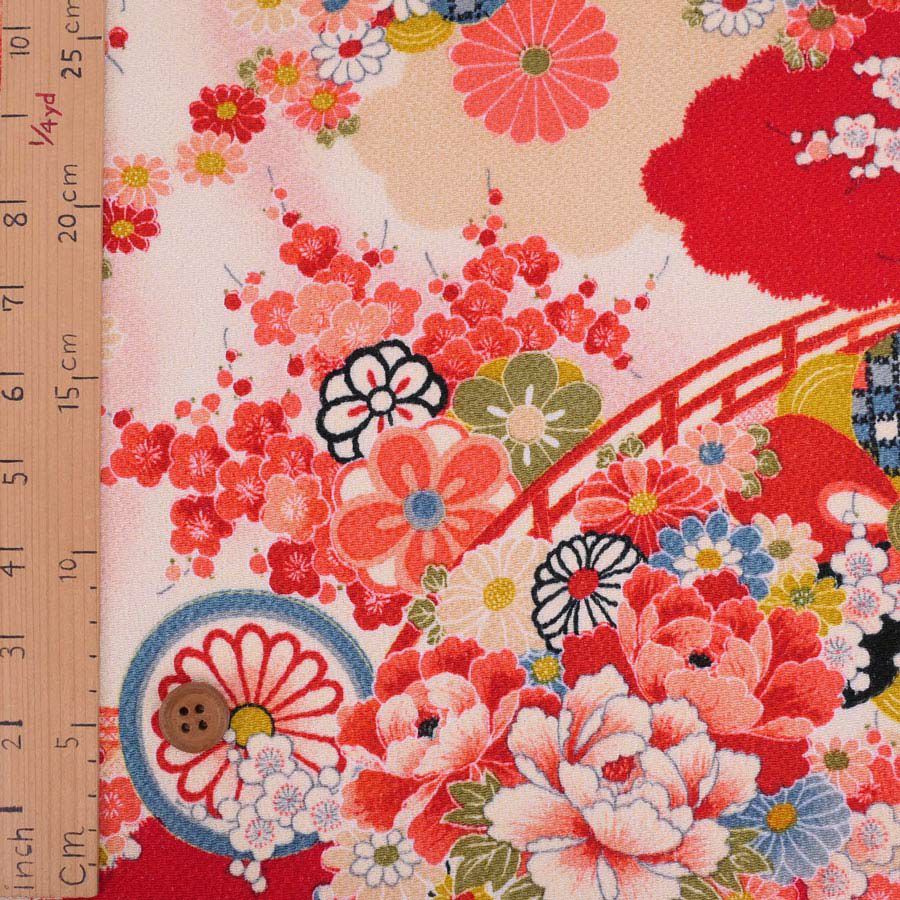 古布再現ちりめん生地 水辺の花景色(赤) 10cm単位 切り売り ビンテージ感ただよう手染めレーヨン縮緬/チリメン 七五三着物柄