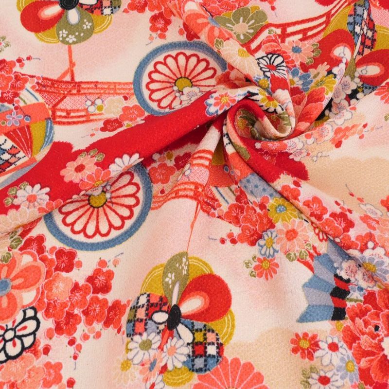 古布再現ちりめん生地 水辺の花景色(赤) 10cm単位 切り売り ビンテージ感ただよう手染めレーヨン縮緬/チリメン 七五三着物柄