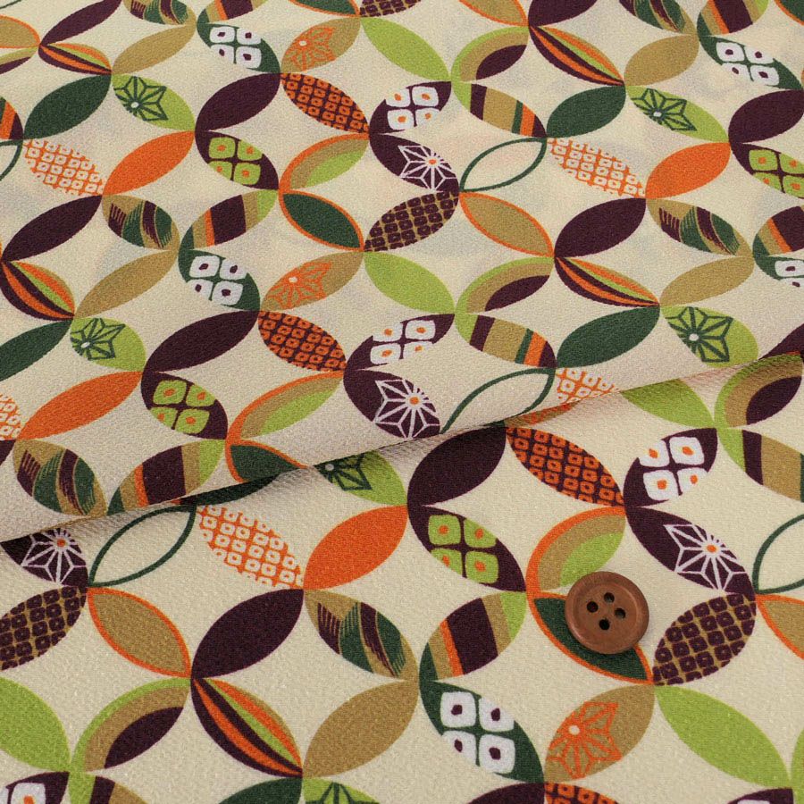 ポリちりめん生地 彩り七宝(アイボリー) 10cm単位 切り売り よさこい衣装や洋服に 水洗い可能ポリエステルチリメン 七宝柄