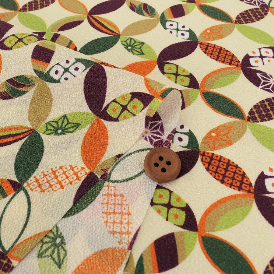 ポリちりめん生地 彩り七宝(アイボリー) 10cm単位 切り売り よさこい衣装や洋服に 水洗い可能ポリエステルチリメン 七宝柄