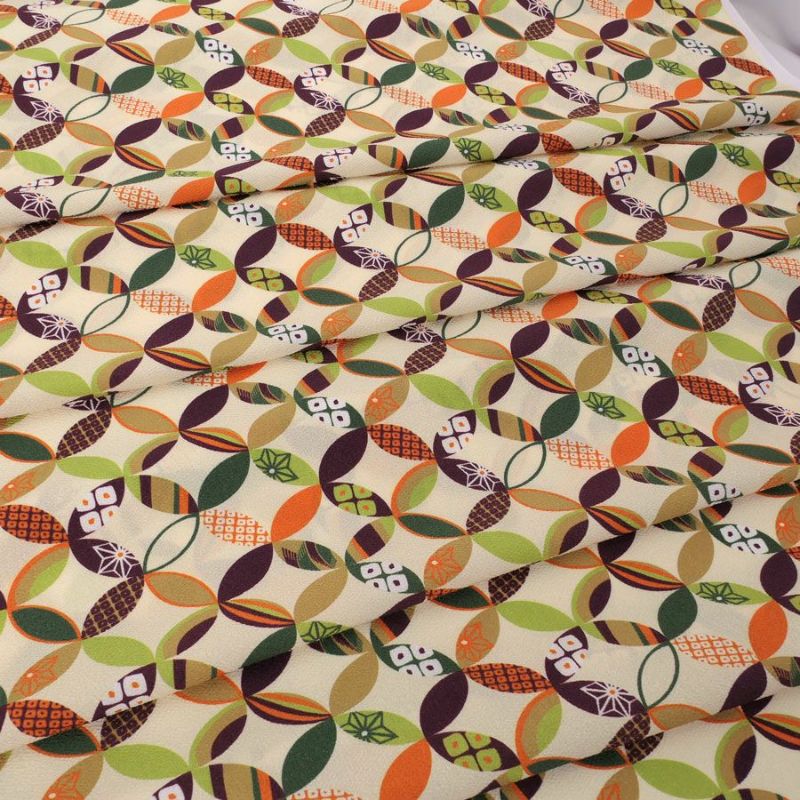 ポリちりめん生地 彩り七宝(アイボリー) 10cm単位 切り売り よさこい衣装や洋服に 水洗い可能ポリエステルチリメン 七宝柄