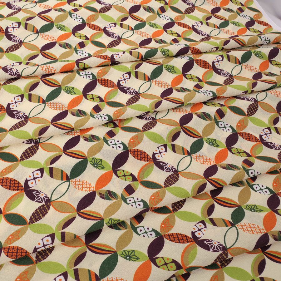 ポリちりめん生地 彩り七宝(アイボリー) 10cm単位 切り売り よさこい衣装や洋服に 水洗い可能ポリエステルチリメン 七宝柄