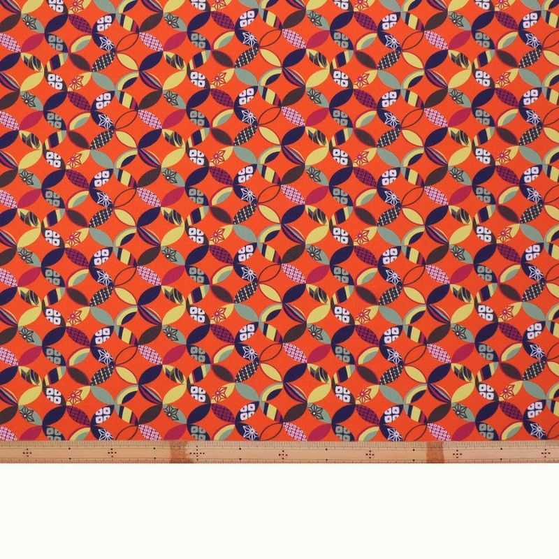 ポリちりめん生地 彩り七宝(柿色) 10cm単位 切り売り よさこい衣装・洋服に 水洗い可能なポリエステル縮緬 七宝模様
