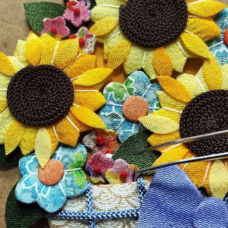 押絵キット ひまわりの花籠 和風クラフト 夏休みに 初心者OKちりめん細工 押し絵で向日葵
