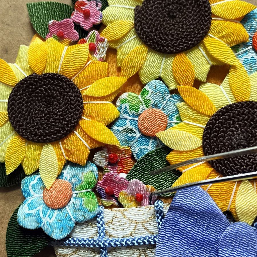 押絵キット ひまわりの花籠 和風クラフト 夏休みに 初心者OKちりめん細工 押し絵で向日葵