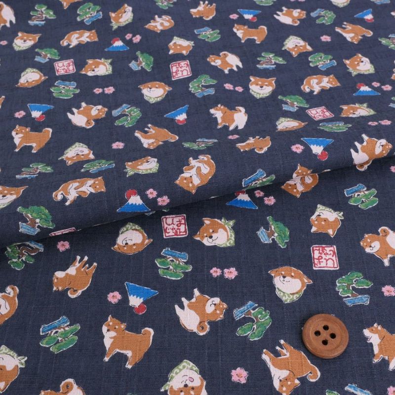 和柄コットン生地 柴犬びより(藍墨/あいずみ) 10cm単位 切り売り 和風柄ドビークロス 和調木綿プリント コッカ シバジャパン柄