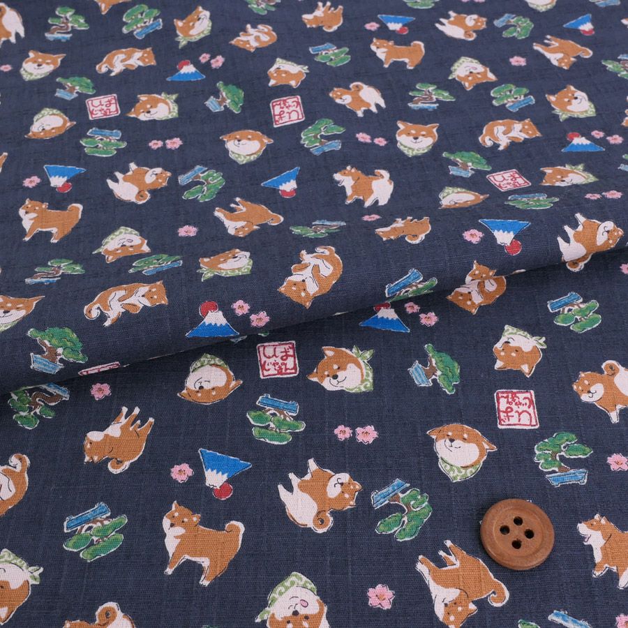 和柄コットン生地 柴犬びより(藍墨/あいずみ) 10cm単位 切り売り 和風柄ドビークロス 和調木綿プリント コッカ シバジャパン柄