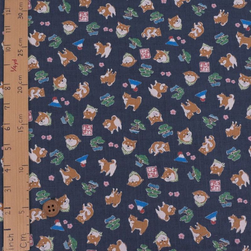 和柄コットン生地 柴犬びより(藍墨/あいずみ) 10cm単位 切り売り 和風柄ドビークロス 和調木綿プリント コッカ シバジャパン柄