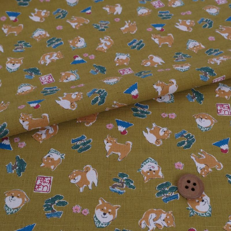 和柄コットン生地 柴犬びより(おうど色) 10cm単位 切り売り 和風柄ドビー生地 和調木綿プリント KOKKAコッカ shiba japan
